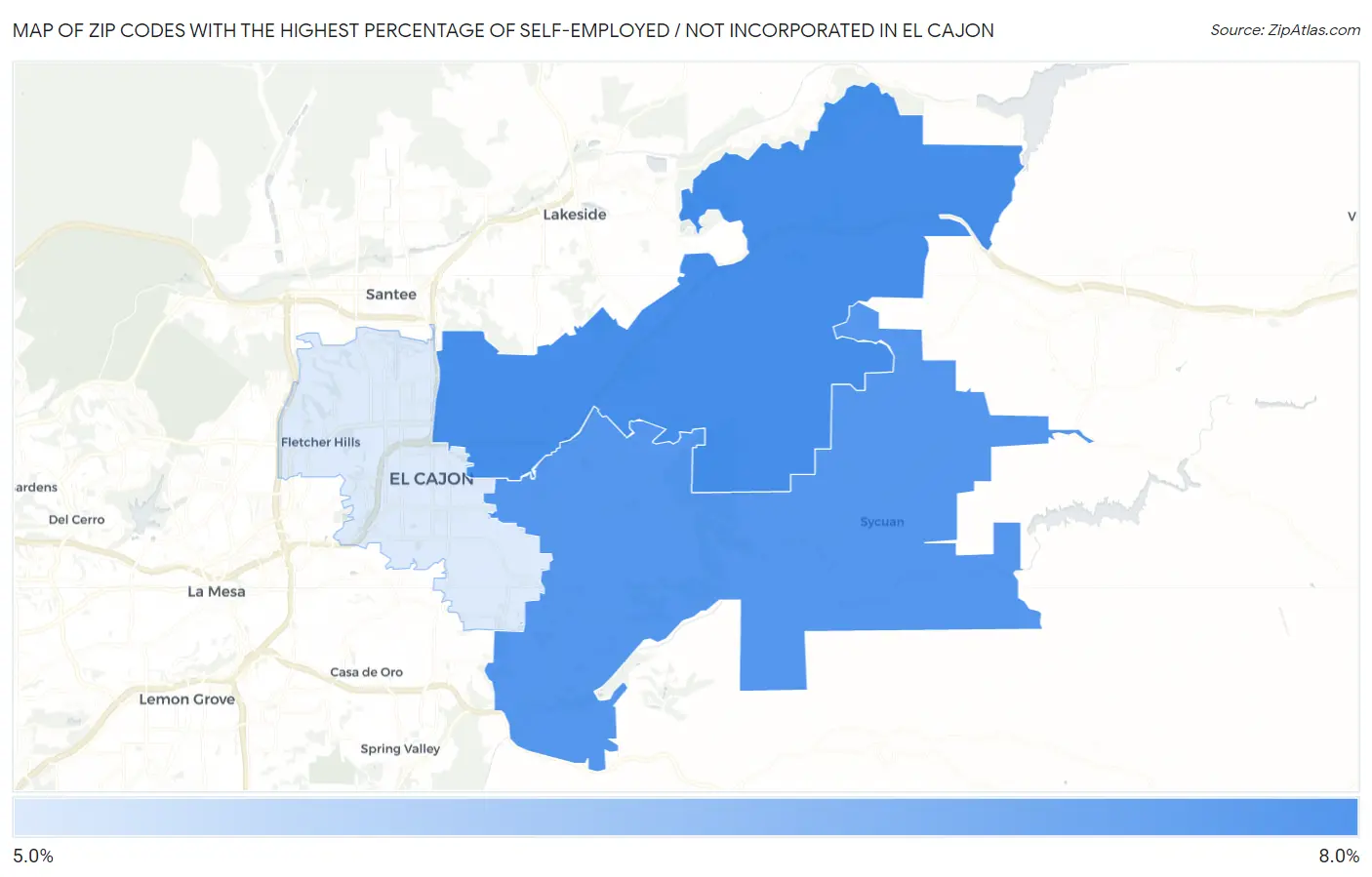 Zip Codes with the Highest Percentage of Self-Employed / Not Incorporated in El Cajon Map