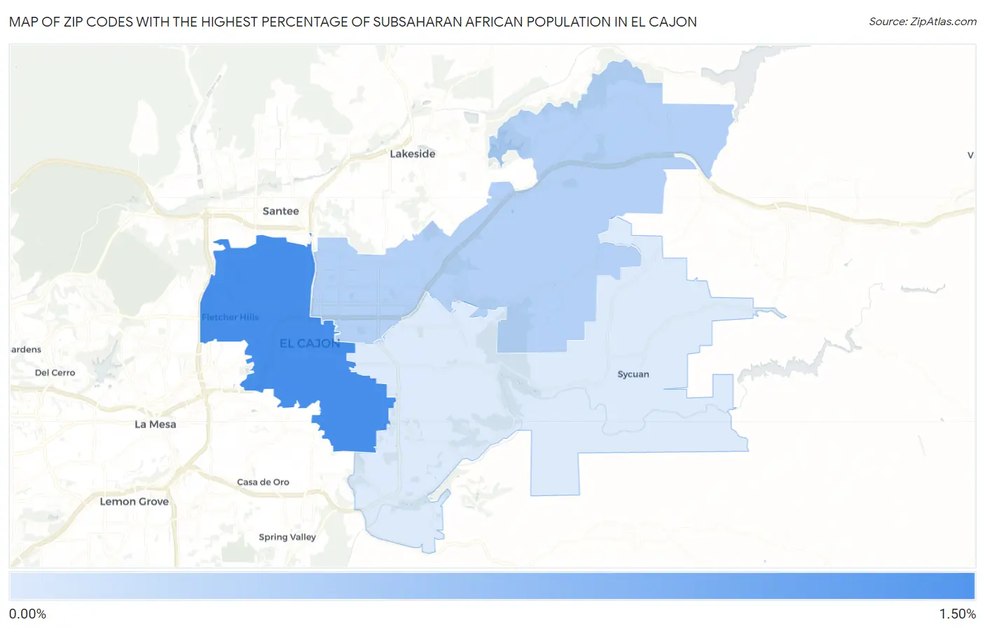 Zip Codes with the Highest Percentage of Subsaharan African Population in El Cajon Map