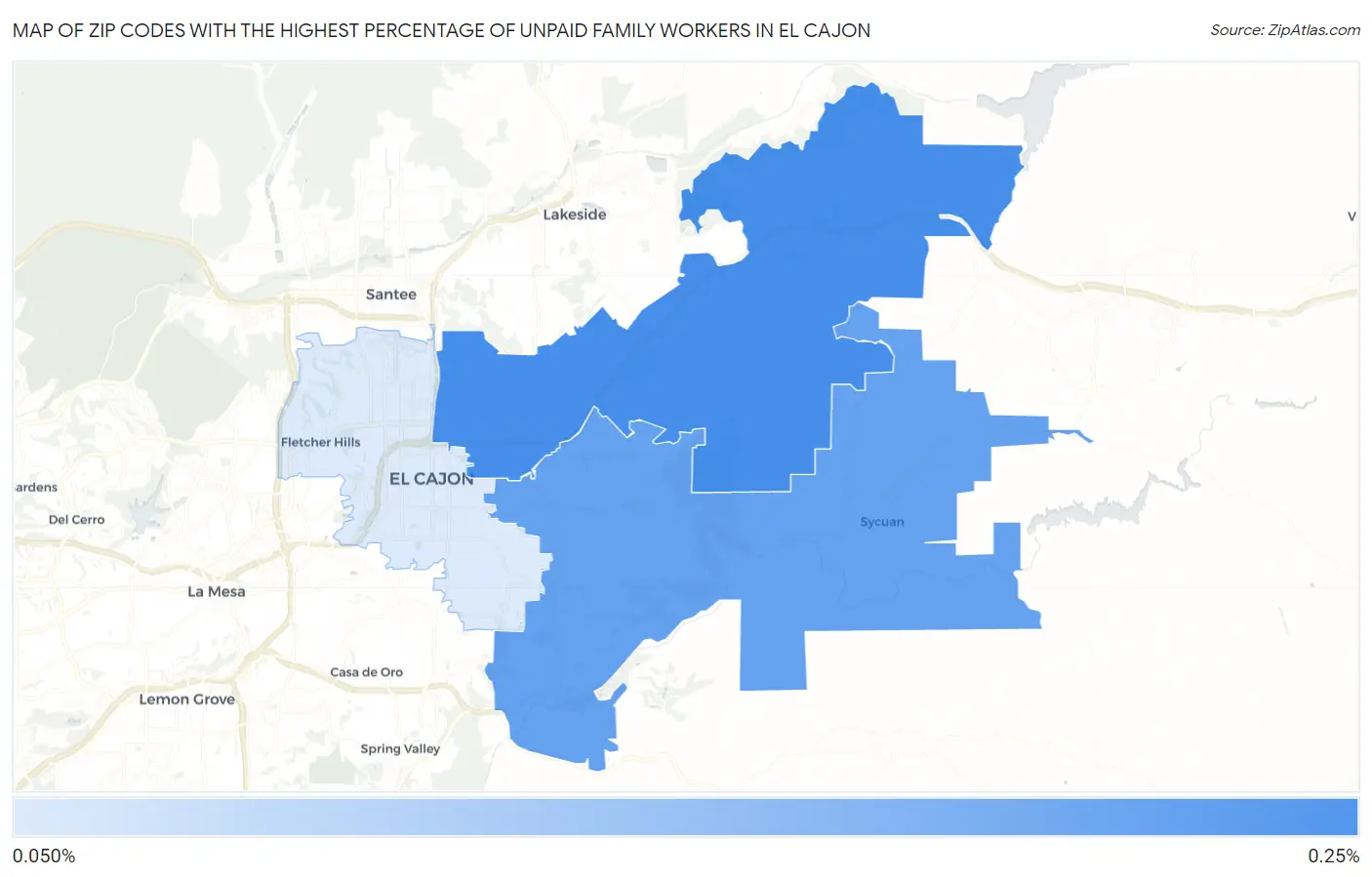 Zip Codes with the Highest Percentage of Unpaid Family Workers in El Cajon Map