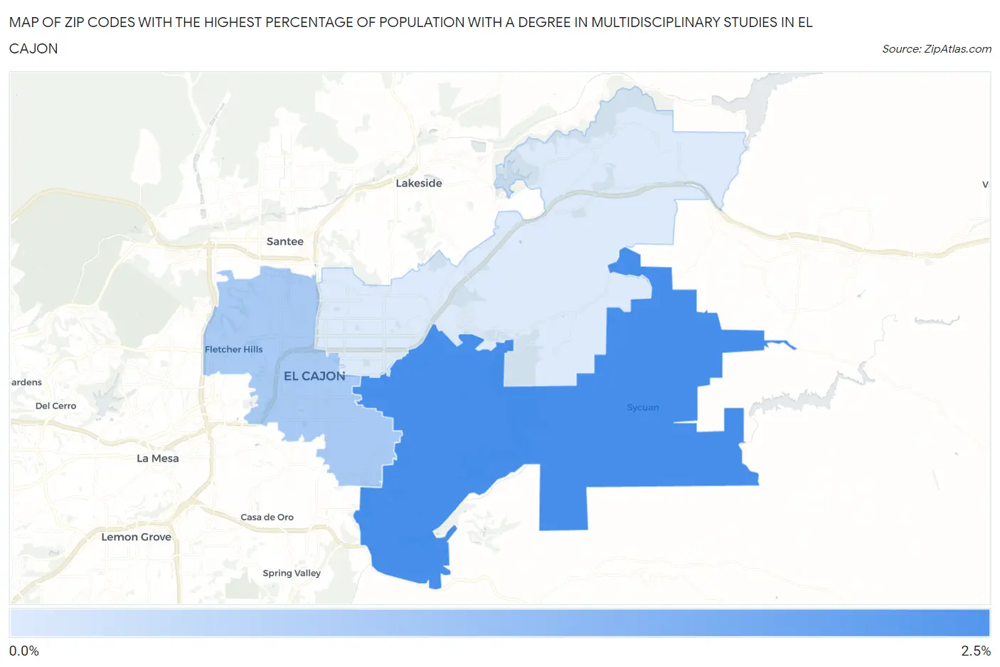 Zip Codes with the Highest Percentage of Population with a Degree in Multidisciplinary Studies in El Cajon Map