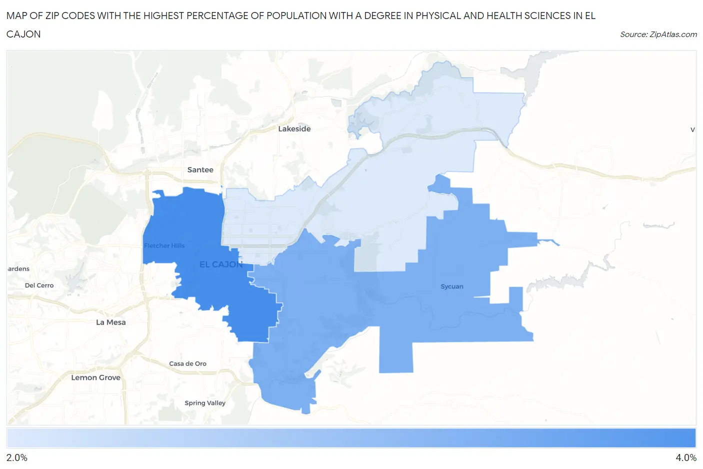 Zip Codes with the Highest Percentage of Population with a Degree in Physical and Health Sciences in El Cajon Map