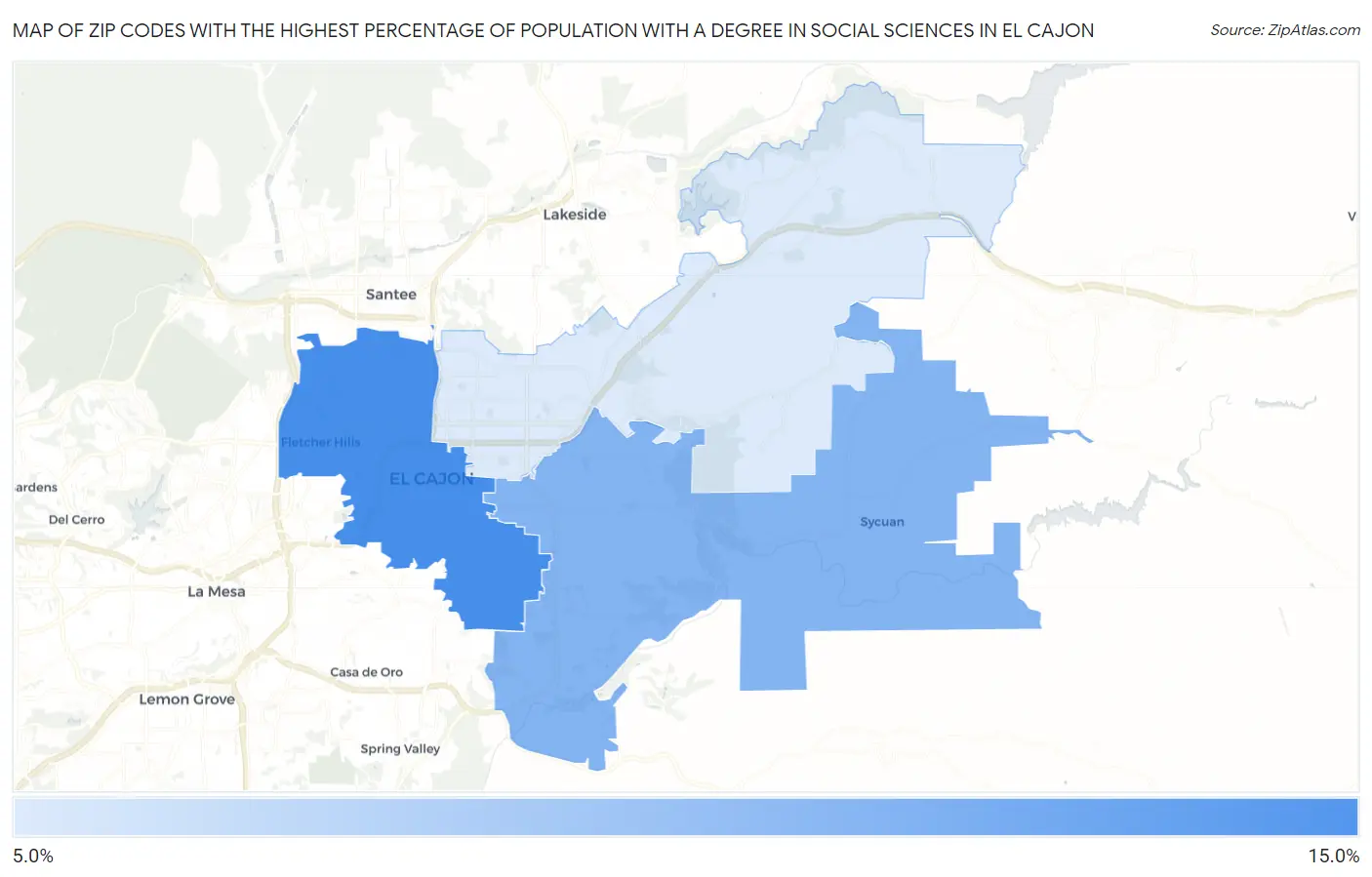 Zip Codes with the Highest Percentage of Population with a Degree in Social Sciences in El Cajon Map
