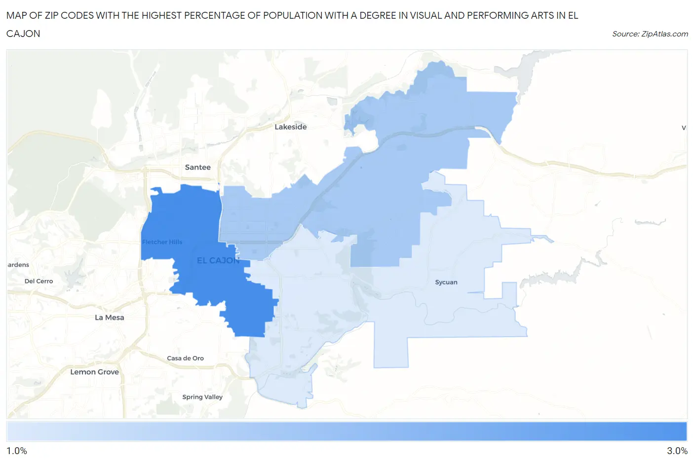 Zip Codes with the Highest Percentage of Population with a Degree in Visual and Performing Arts in El Cajon Map