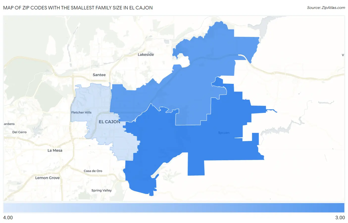 Zip Codes with the Smallest Family Size in El Cajon Map