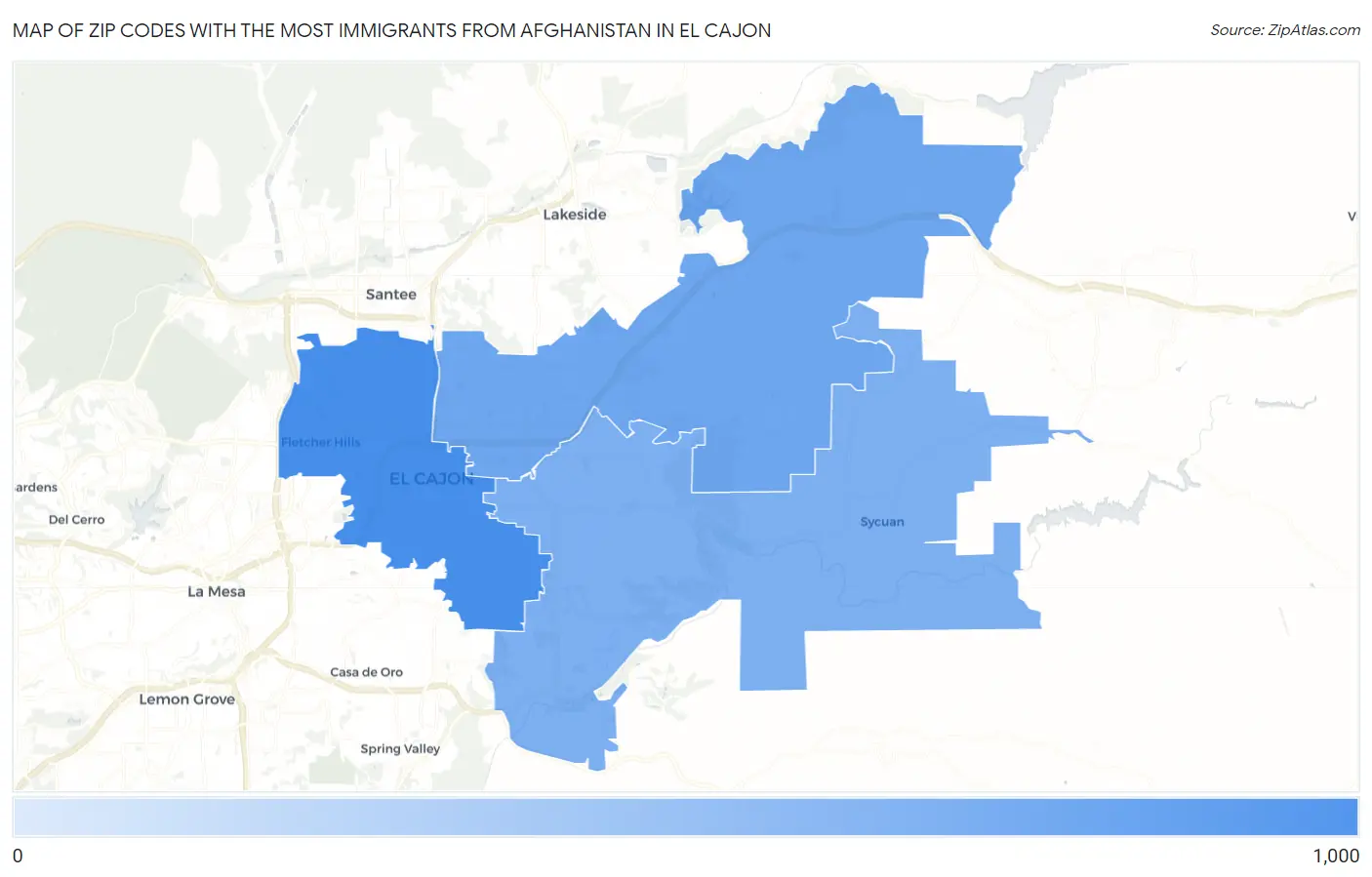 Zip Codes with the Most Immigrants from Afghanistan in El Cajon Map