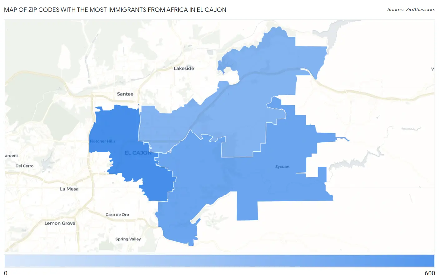 Zip Codes with the Most Immigrants from Africa in El Cajon Map