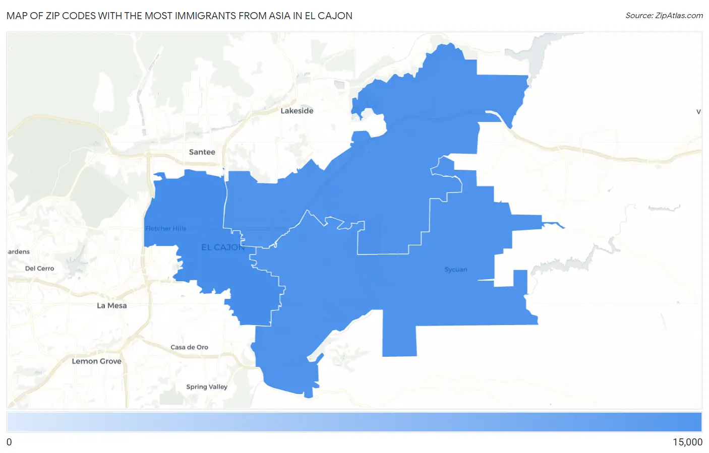 Zip Codes with the Most Immigrants from Asia in El Cajon Map