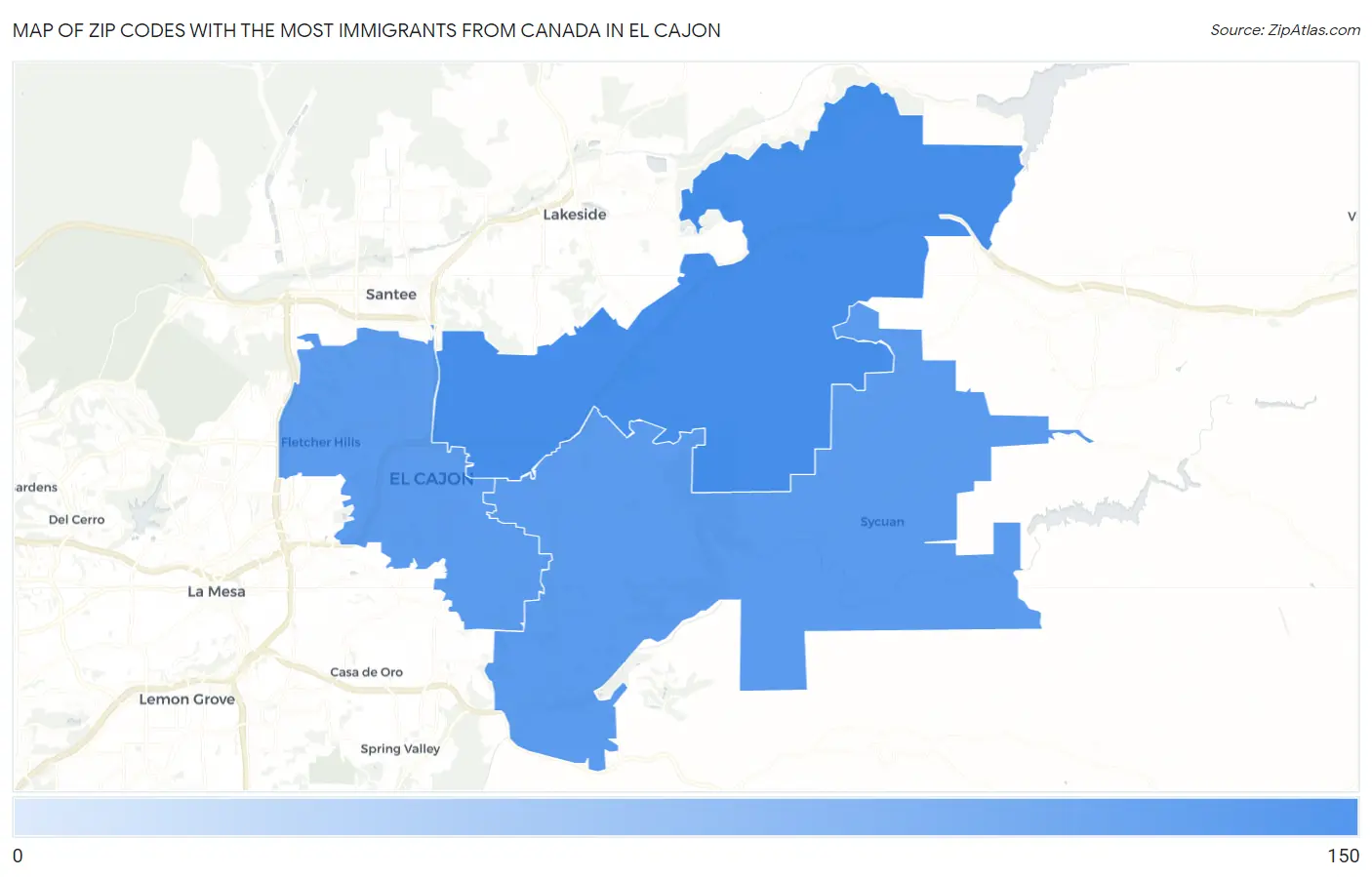 Zip Codes with the Most Immigrants from Canada in El Cajon Map