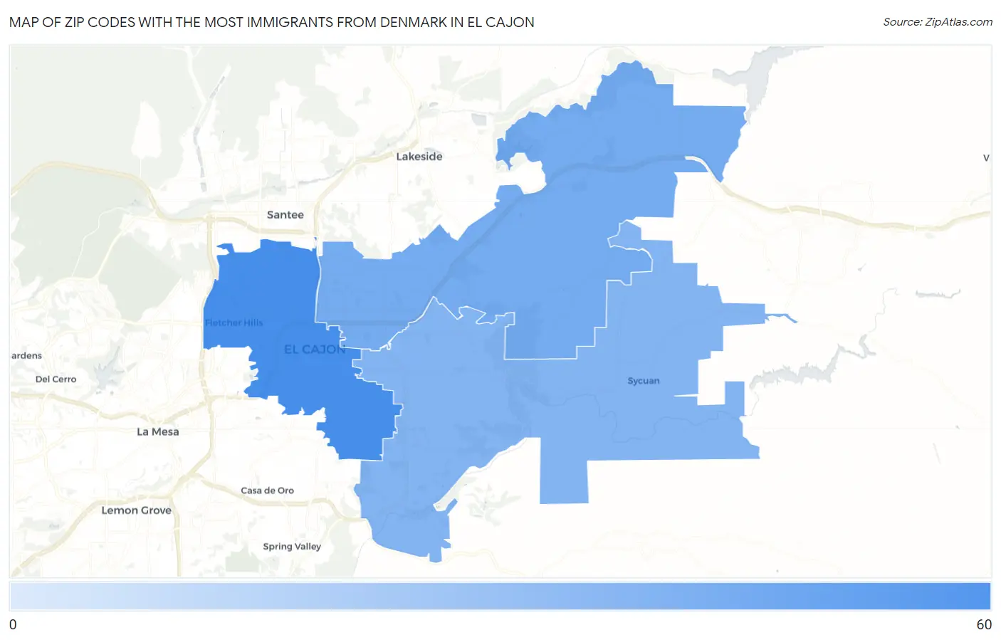 Zip Codes with the Most Immigrants from Denmark in El Cajon Map