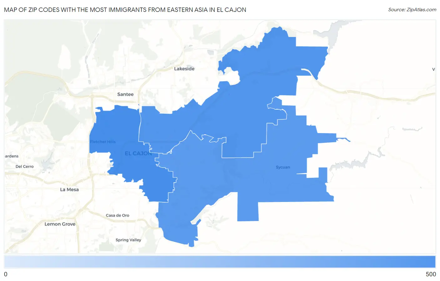 Zip Codes with the Most Immigrants from Eastern Asia in El Cajon Map