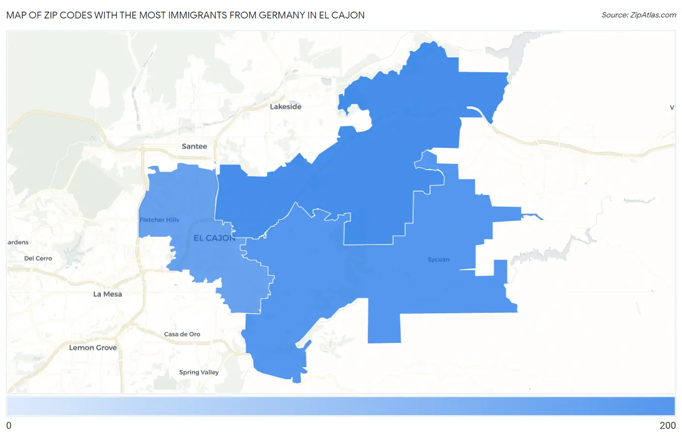 Zip Codes with the Most Immigrants from Germany in El Cajon Map