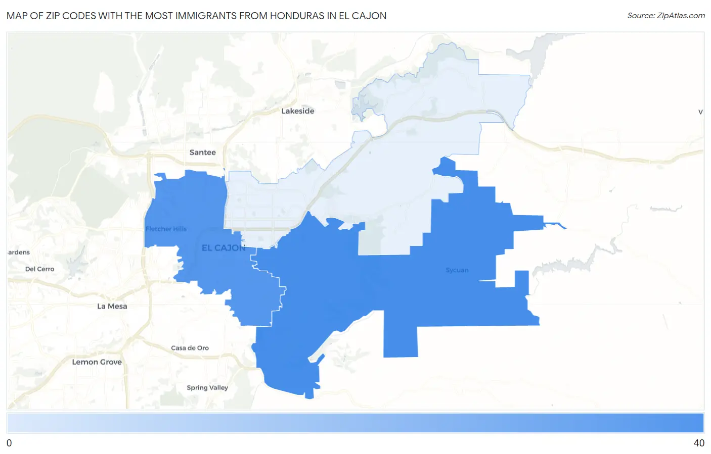 Zip Codes with the Most Immigrants from Honduras in El Cajon Map