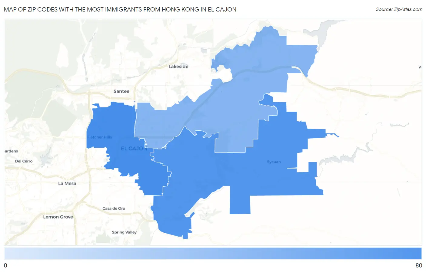 Zip Codes with the Most Immigrants from Hong Kong in El Cajon Map