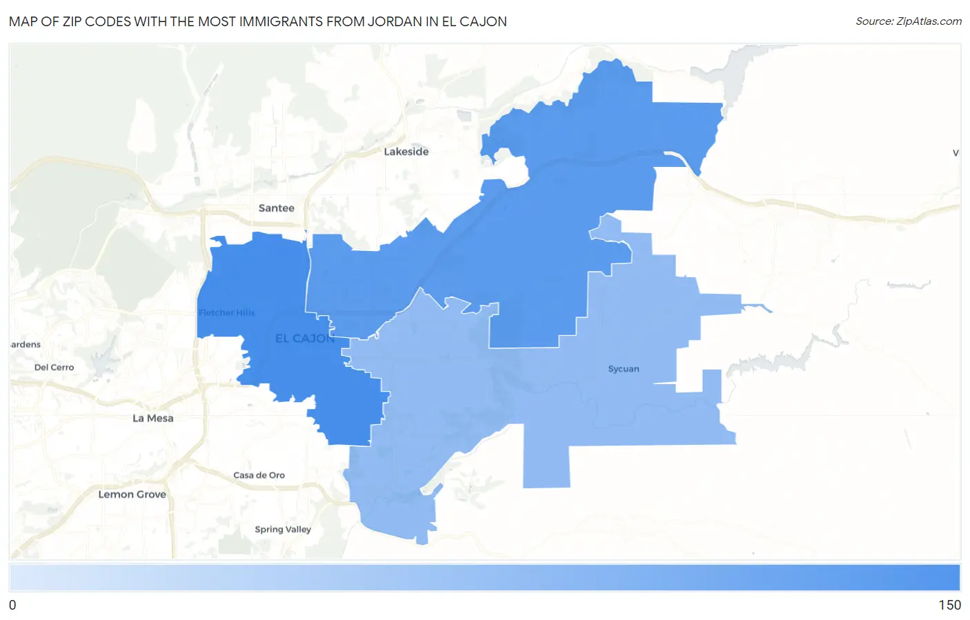 Zip Codes with the Most Immigrants from Jordan in El Cajon Map