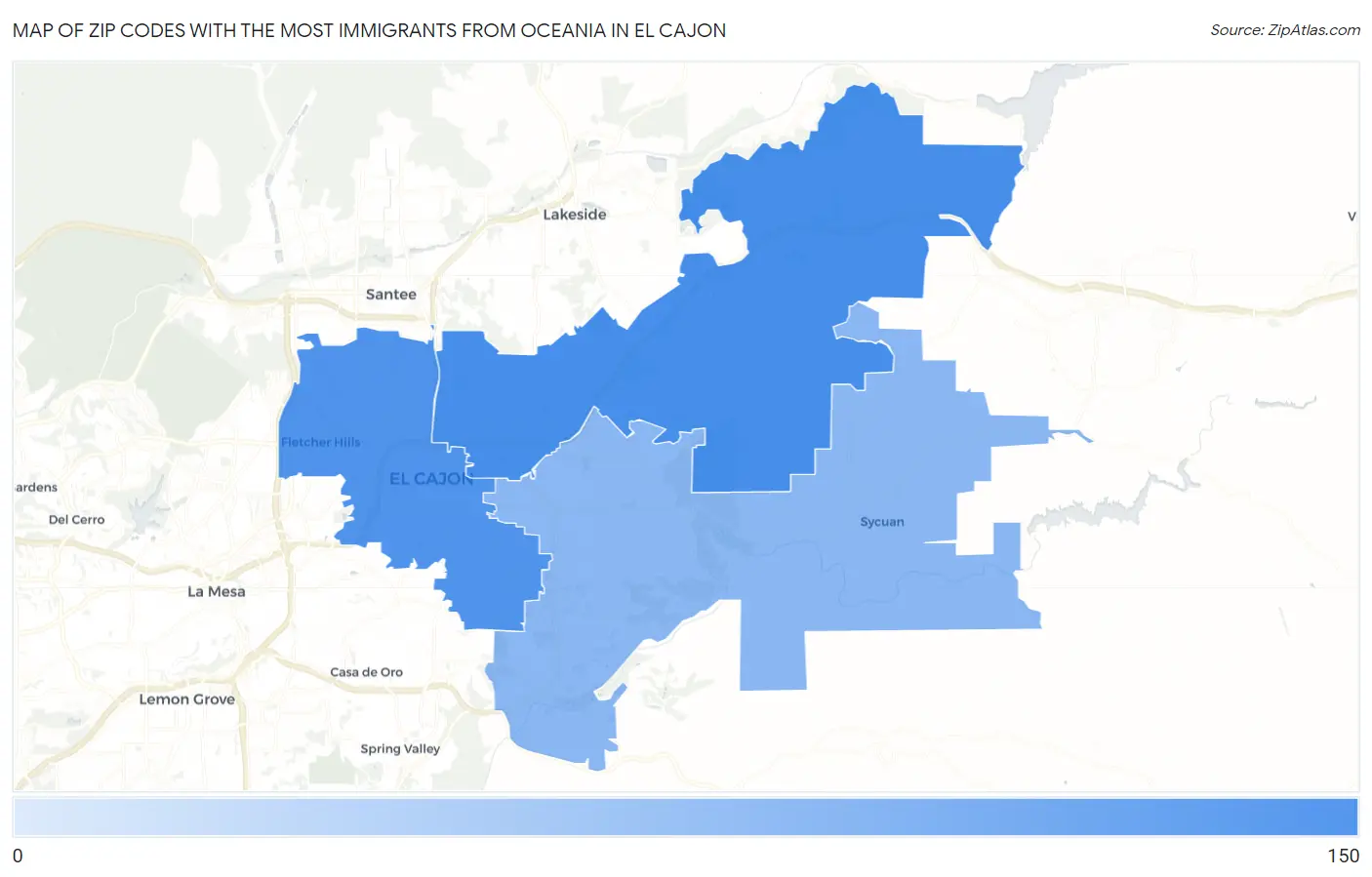 Zip Codes with the Most Immigrants from Oceania in El Cajon Map