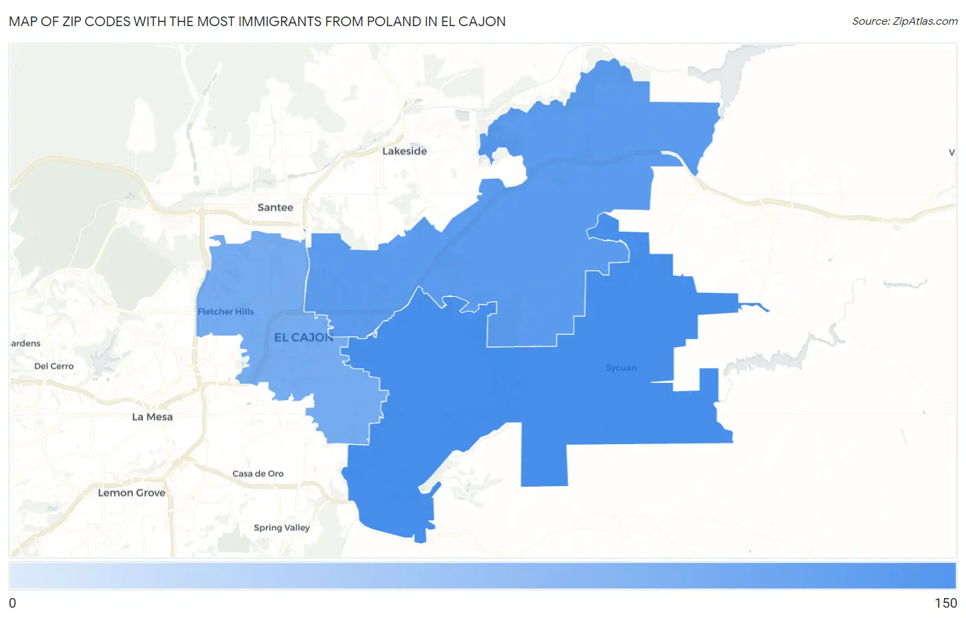Zip Codes with the Most Immigrants from Poland in El Cajon Map