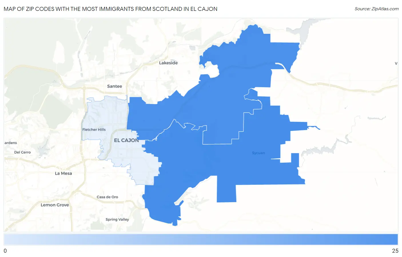 Zip Codes with the Most Immigrants from Scotland in El Cajon Map