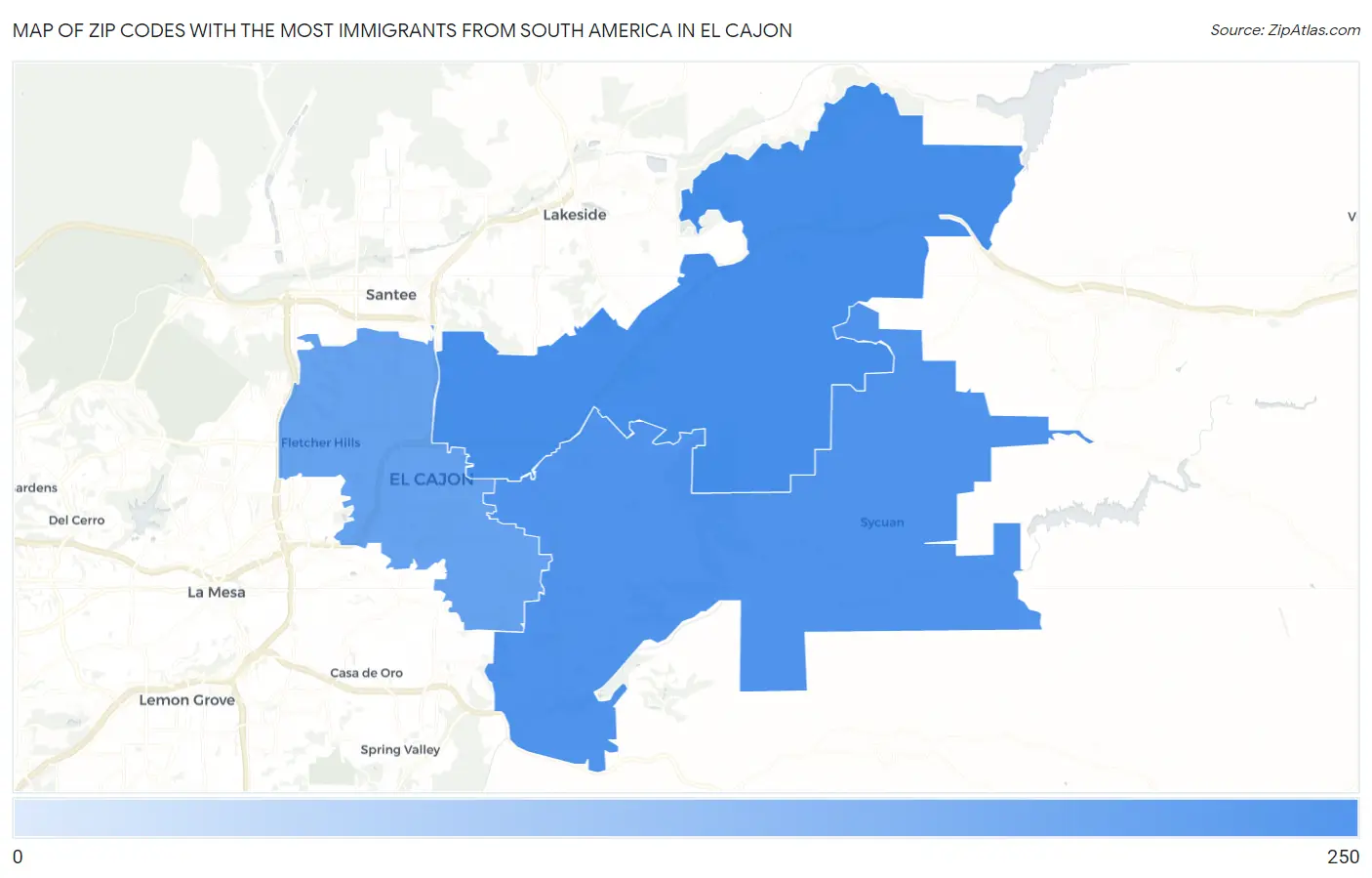 Zip Codes with the Most Immigrants from South America in El Cajon Map