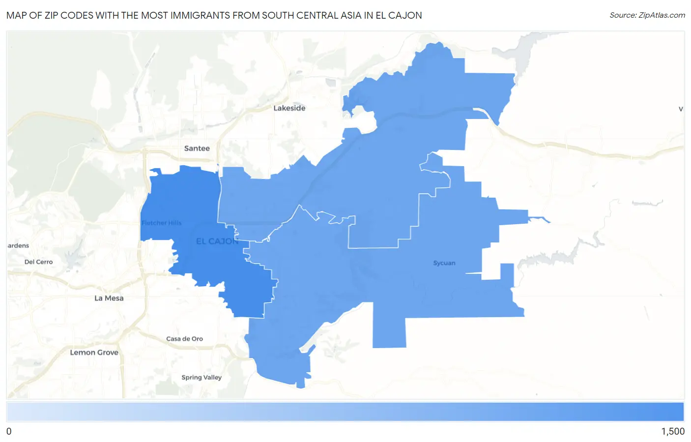 Zip Codes with the Most Immigrants from South Central Asia in El Cajon Map