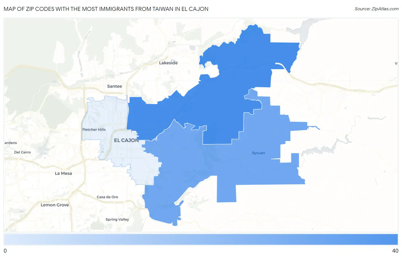 Zip Codes with the Most Immigrants from Taiwan in El Cajon Map