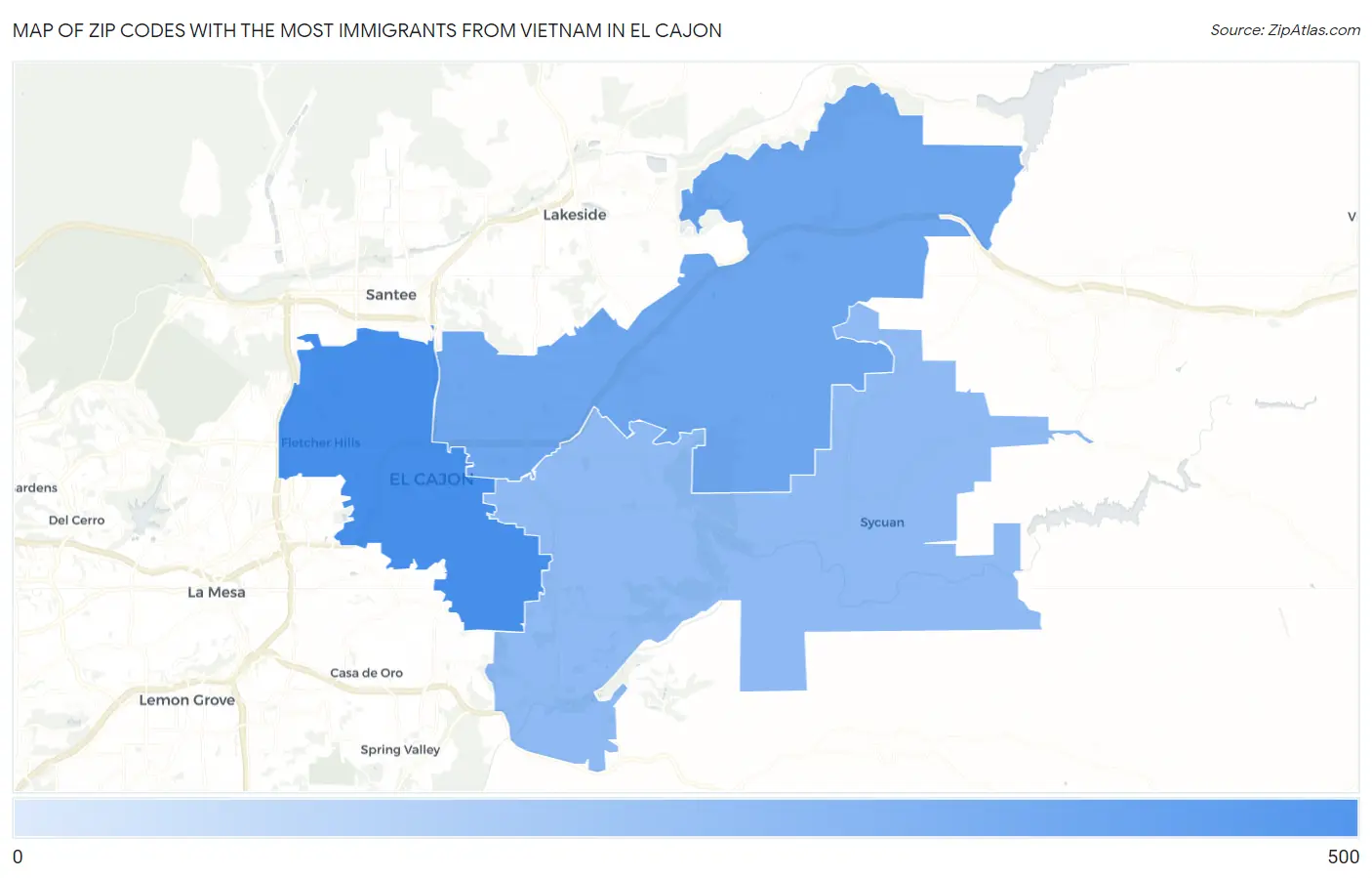 Zip Codes with the Most Immigrants from Vietnam in El Cajon Map