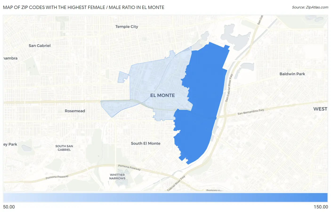 Zip Codes with the Highest Female / Male Ratio in El Monte Map