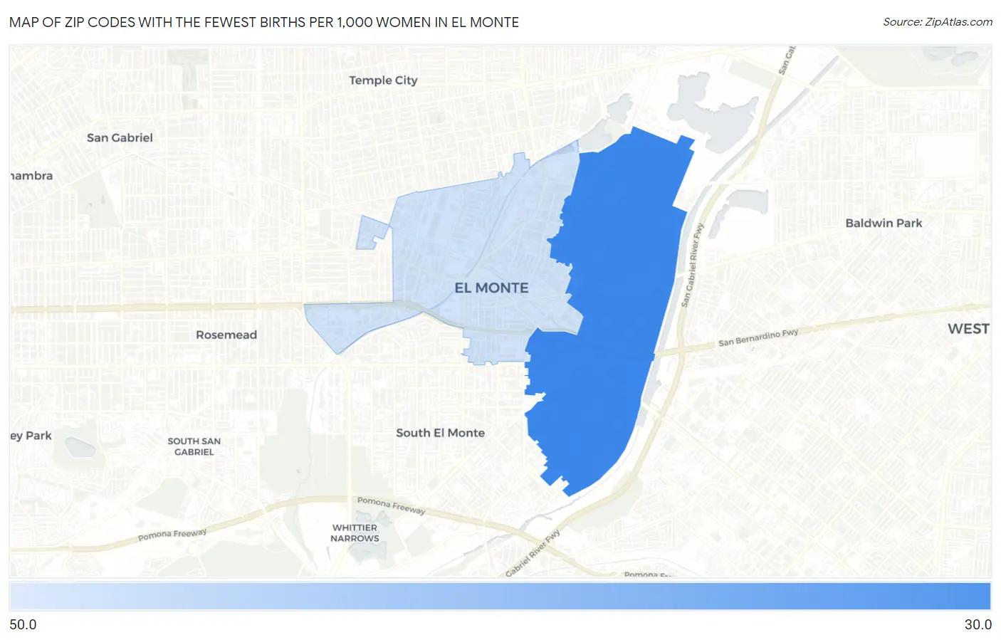 Zip Codes with the Fewest Births per 1,000 Women in El Monte Map