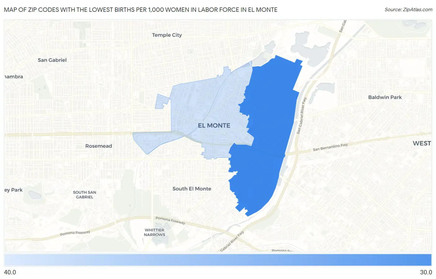 Zip Codes with the Lowest Births per 1,000 Women in Labor Force in El Monte Map