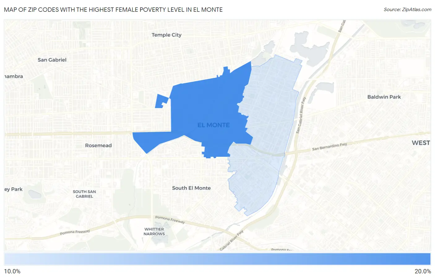 Zip Codes with the Highest Female Poverty Level in El Monte Map