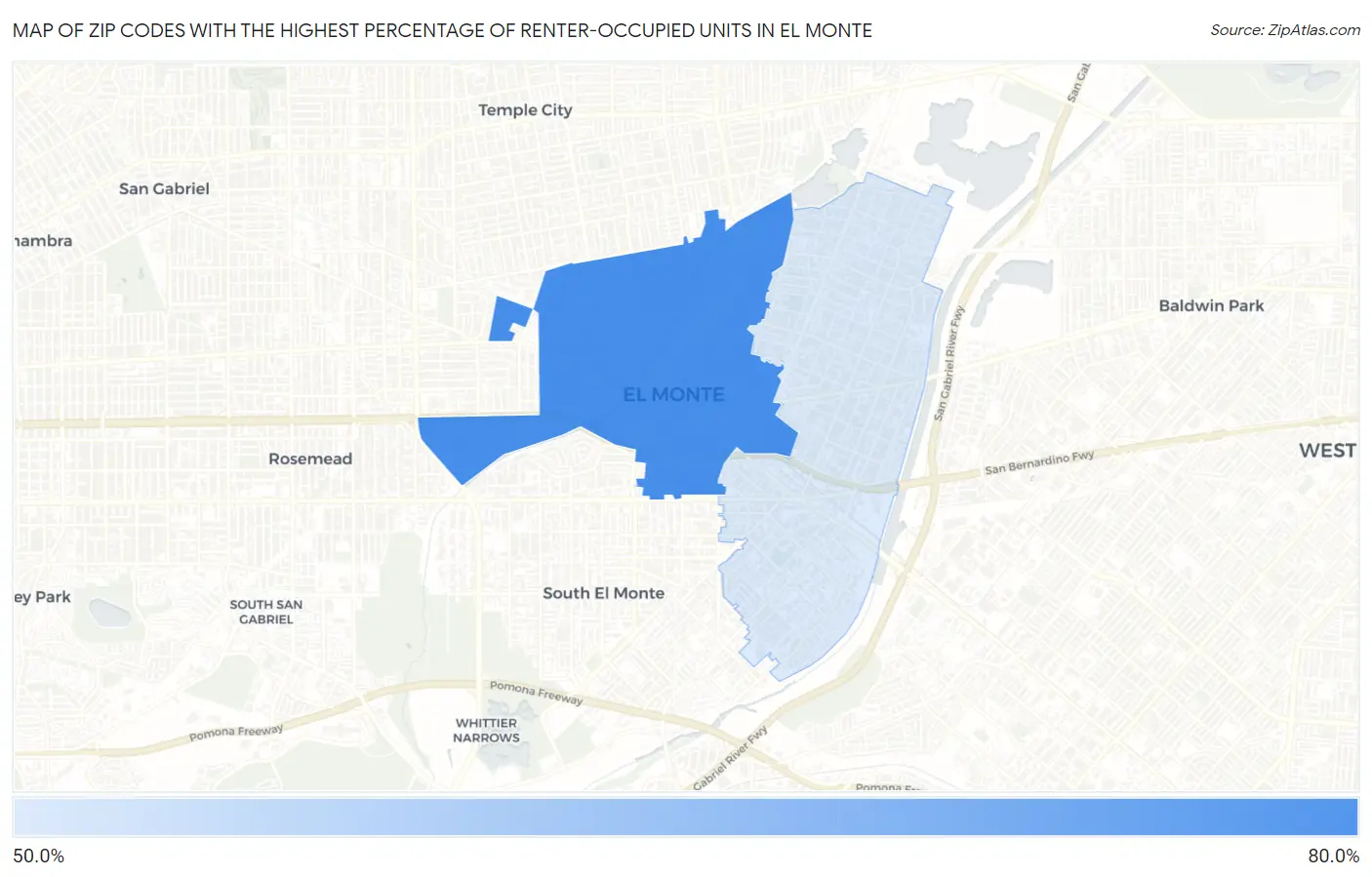 Zip Codes with the Highest Percentage of Renter-Occupied Units in El Monte Map