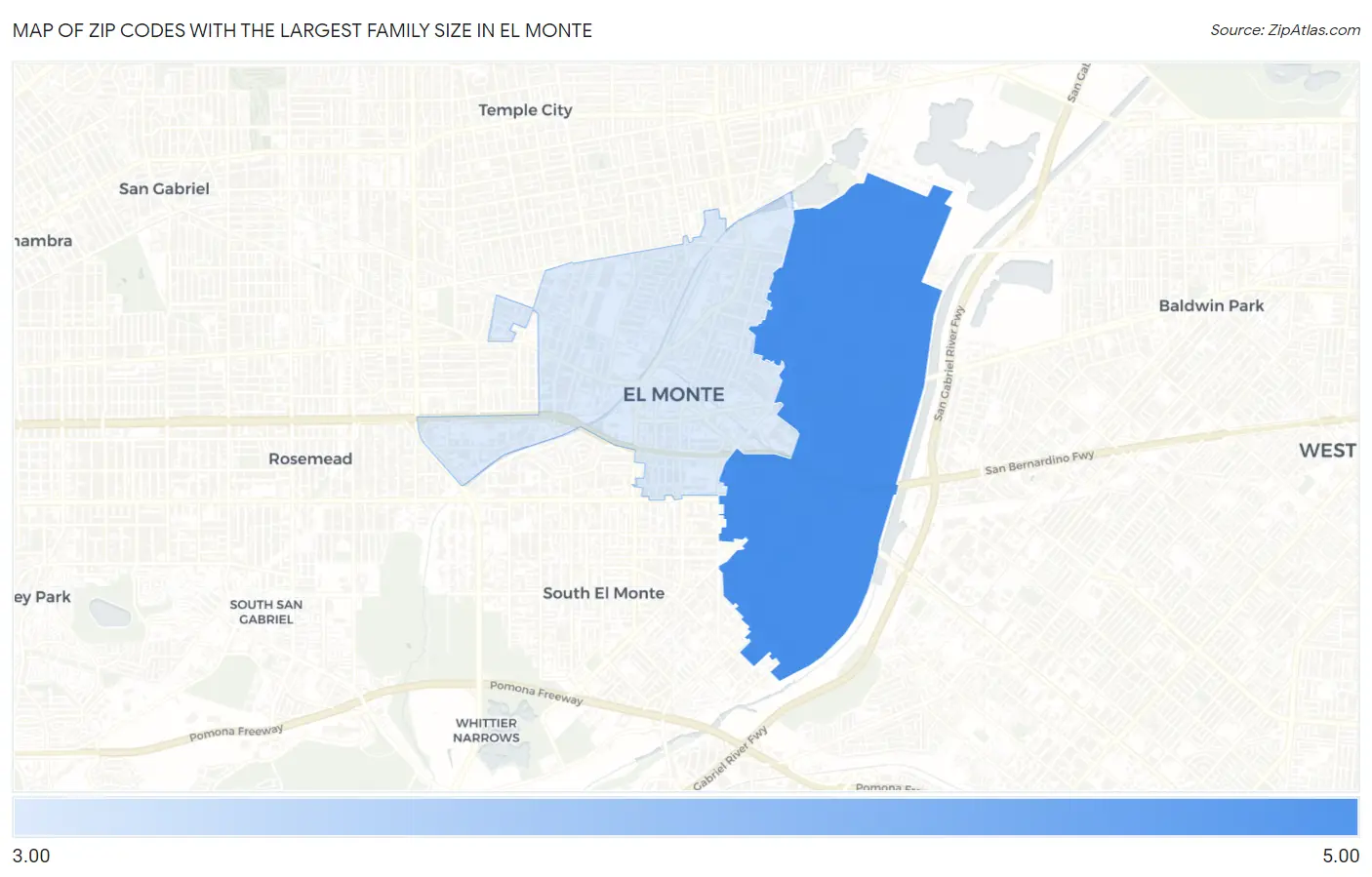 Zip Codes with the Largest Family Size in El Monte Map