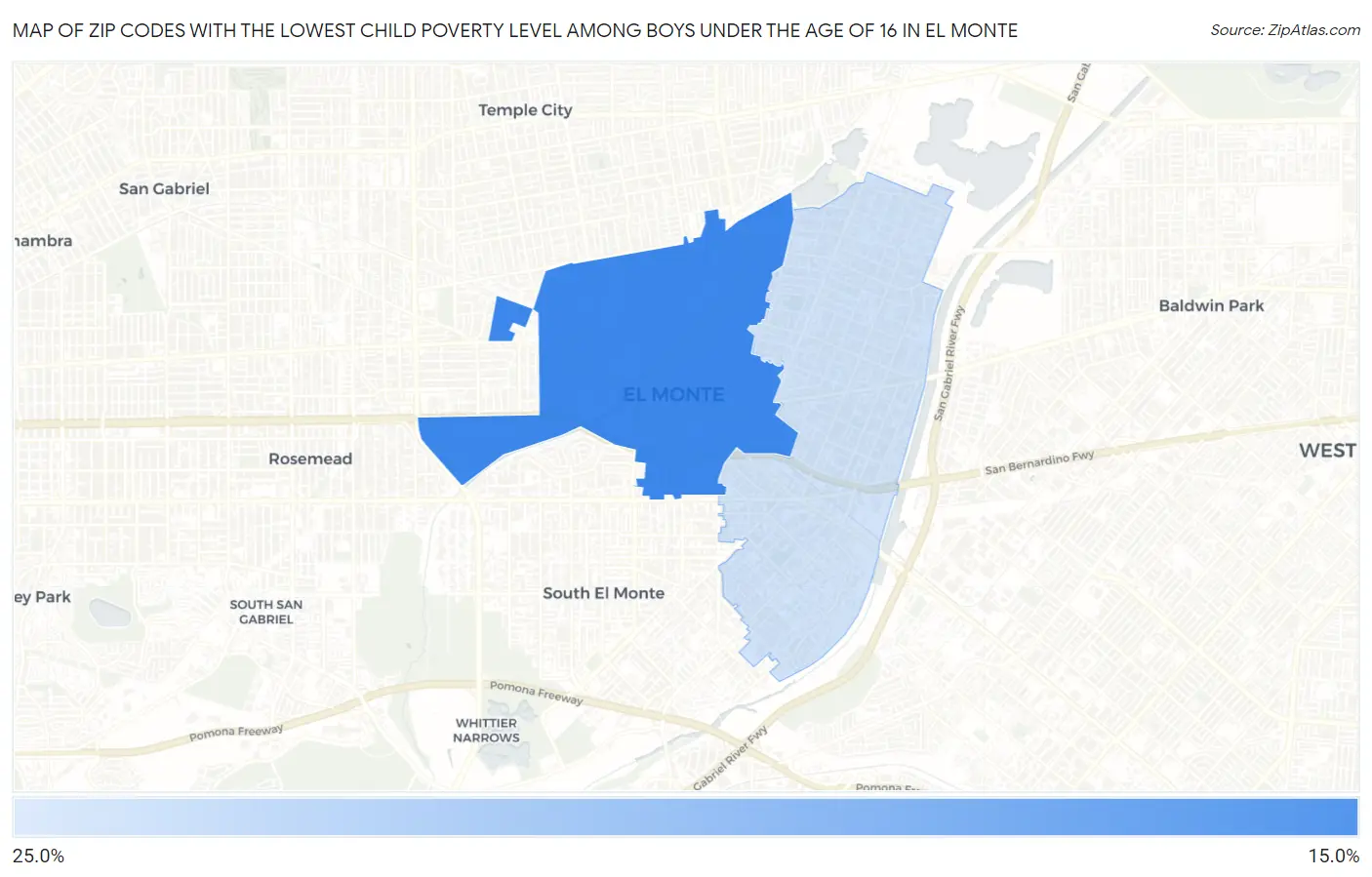 Zip Codes with the Lowest Child Poverty Level Among Boys Under the Age of 16 in El Monte Map