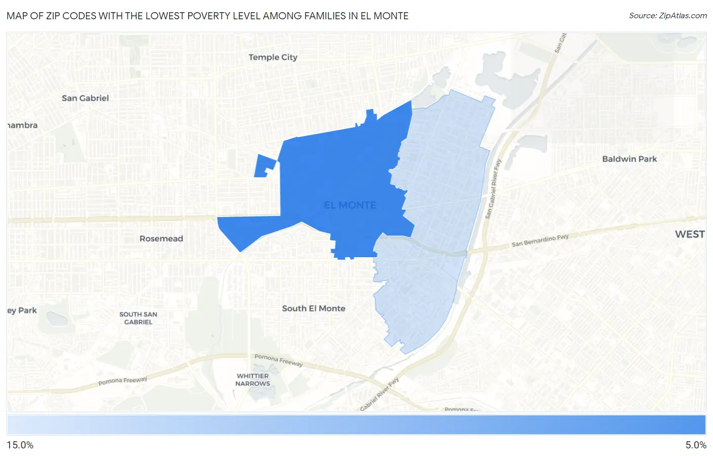 Zip Codes with the Lowest Poverty Level Among Families in El Monte Map