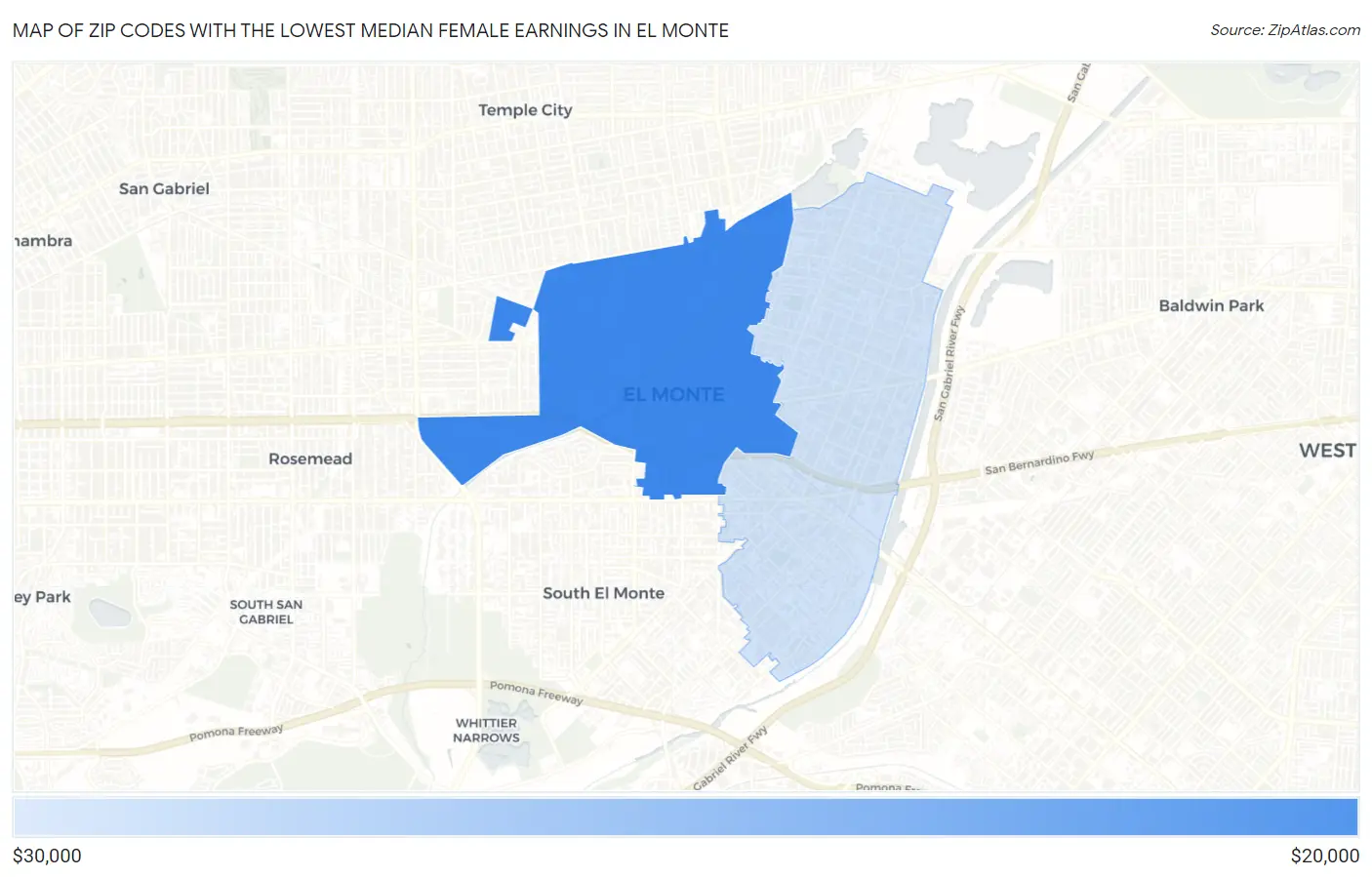 Zip Codes with the Lowest Median Female Earnings in El Monte Map