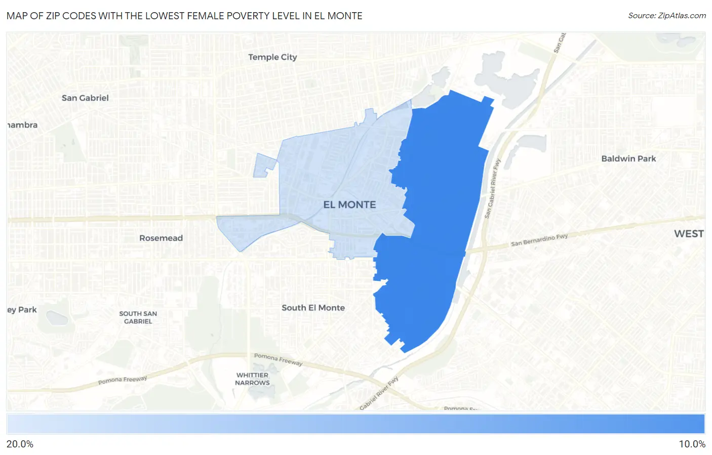 Zip Codes with the Lowest Female Poverty Level in El Monte Map