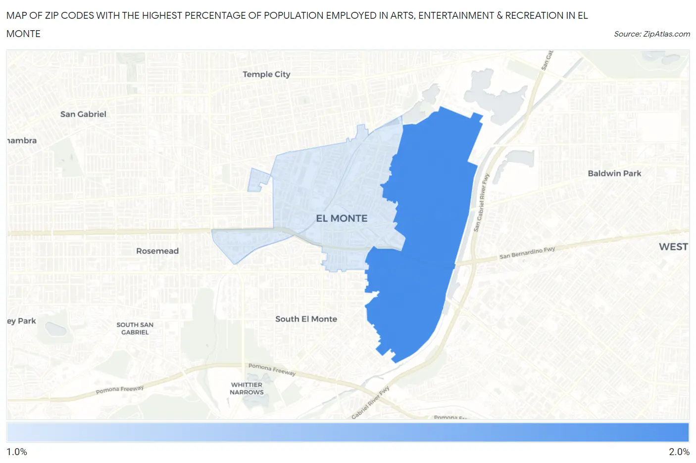 Zip Codes with the Highest Percentage of Population Employed in Arts, Entertainment & Recreation in El Monte Map
