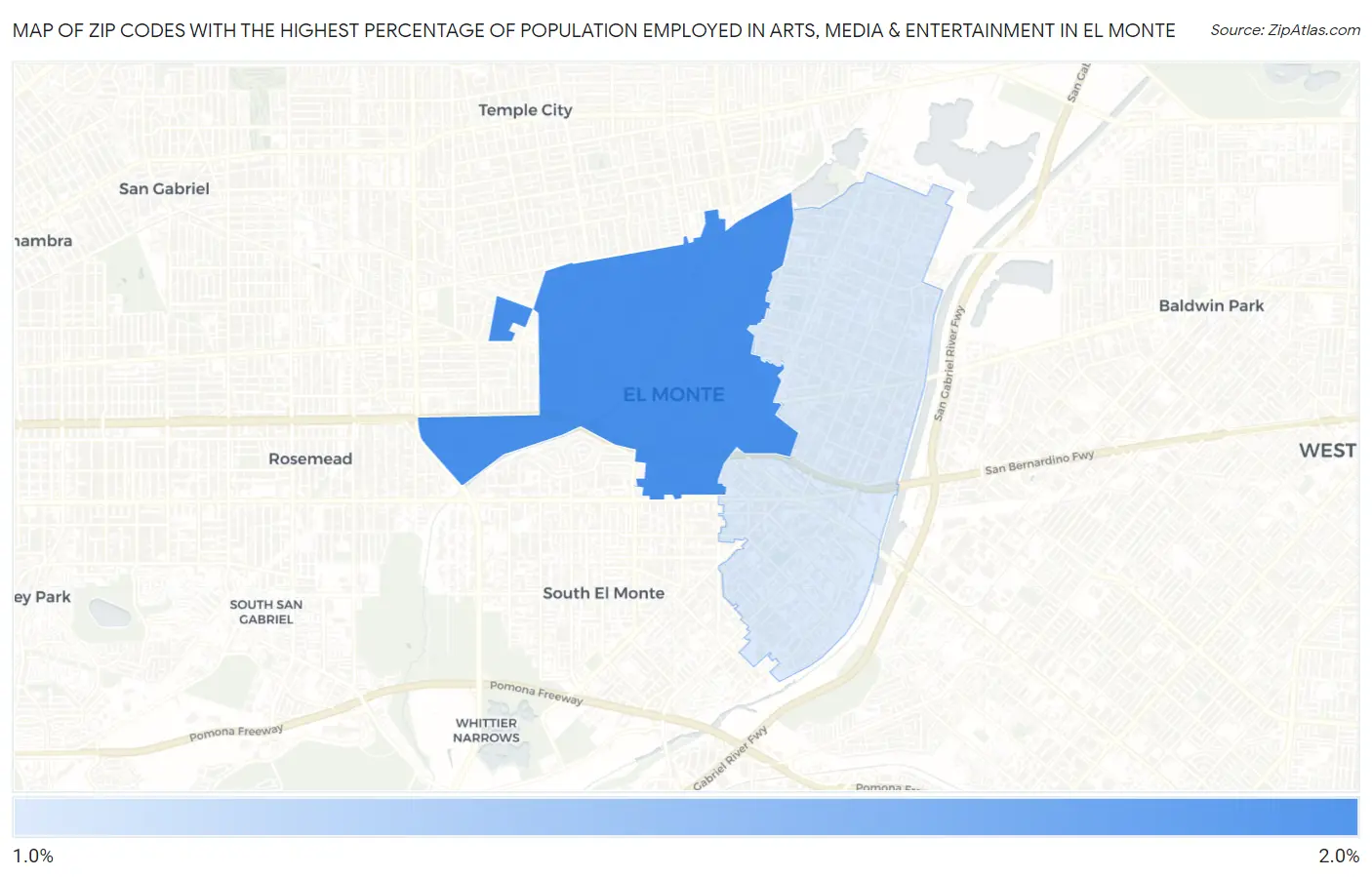Zip Codes with the Highest Percentage of Population Employed in Arts, Media & Entertainment in El Monte Map