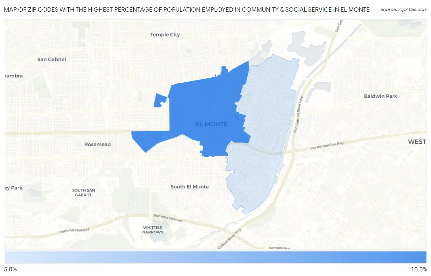 Zip Codes with the Highest Percentage of Population Employed in Community & Social Service  in El Monte Map