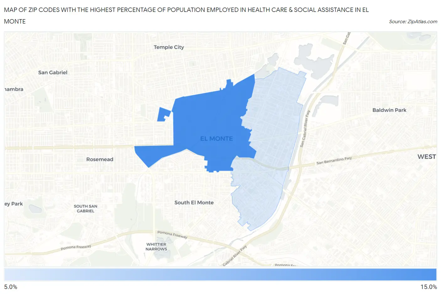 Zip Codes with the Highest Percentage of Population Employed in Health Care & Social Assistance in El Monte Map