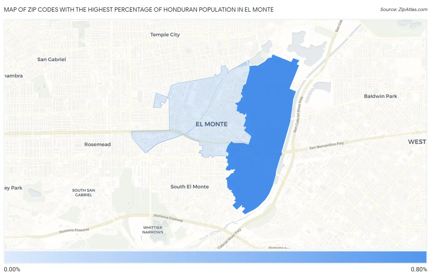 Zip Codes with the Highest Percentage of Honduran Population in El Monte Map