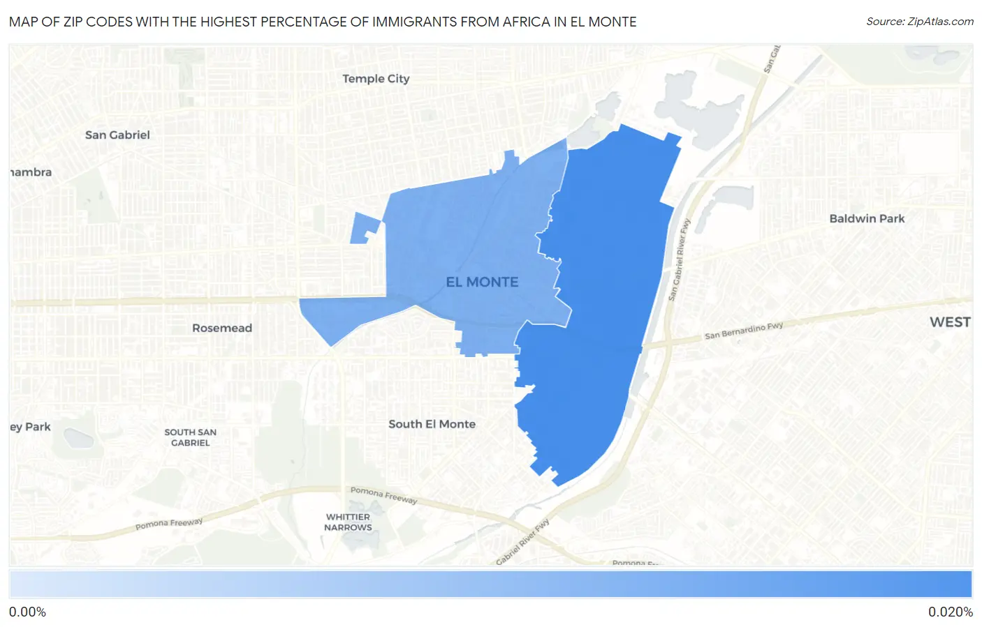 Zip Codes with the Highest Percentage of Immigrants from Africa in El Monte Map