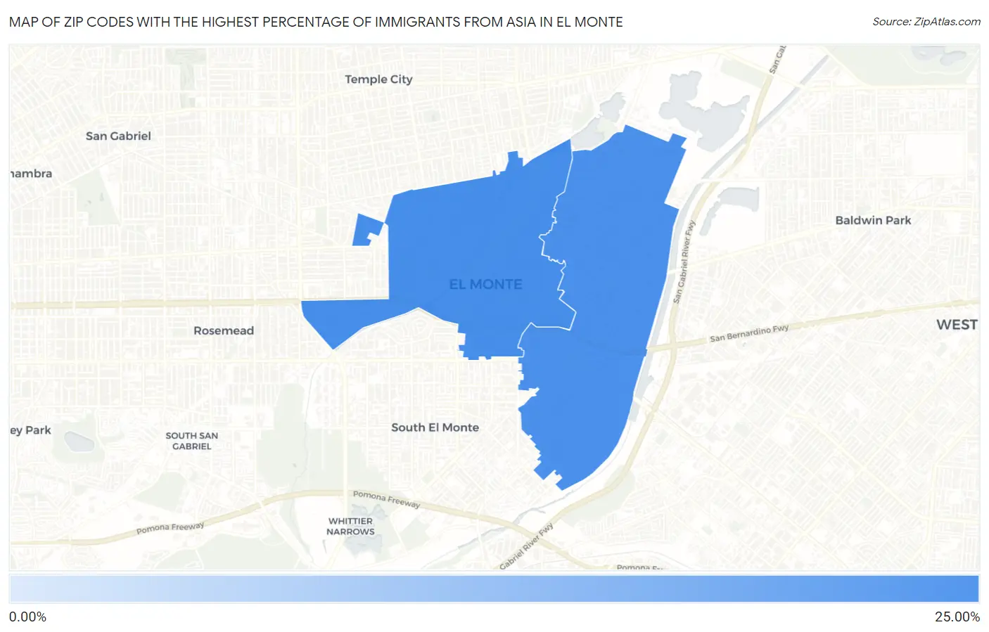 Zip Codes with the Highest Percentage of Immigrants from Asia in El Monte Map