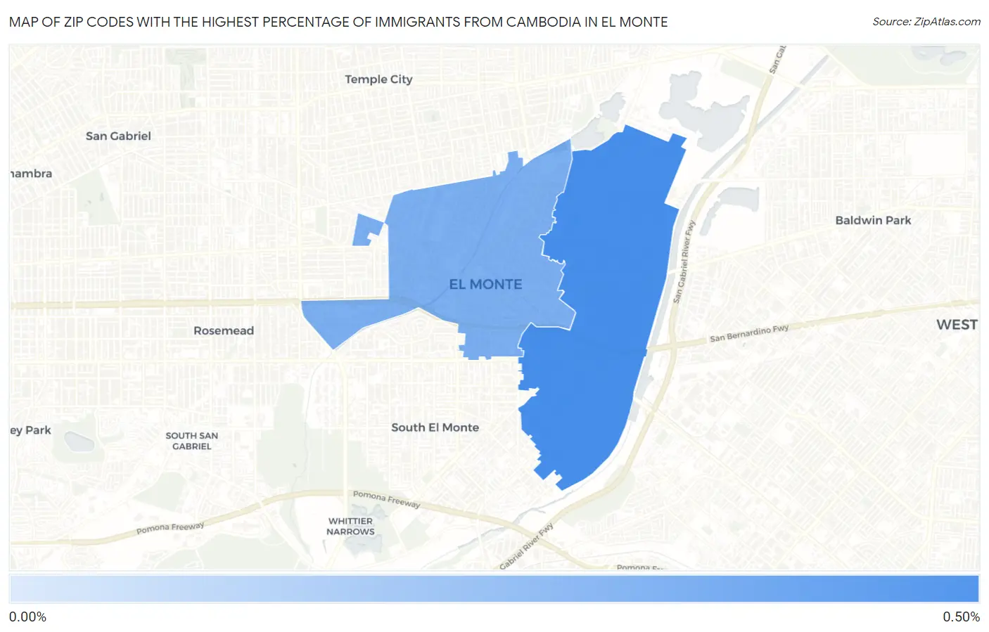 Zip Codes with the Highest Percentage of Immigrants from Cambodia in El Monte Map