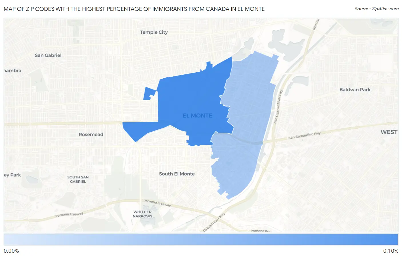Zip Codes with the Highest Percentage of Immigrants from Canada in El Monte Map
