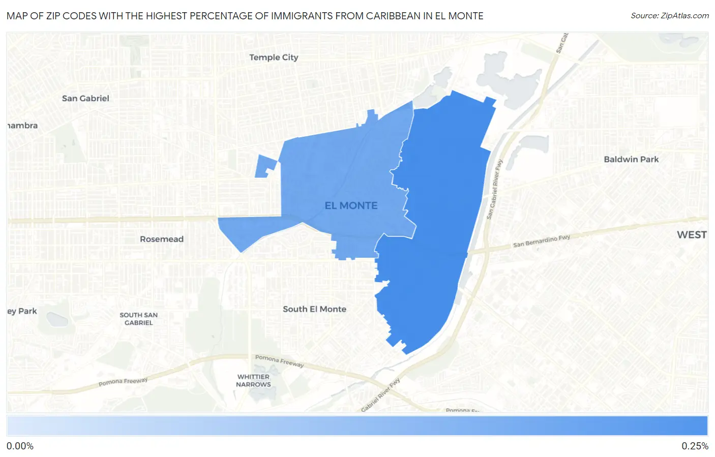 Zip Codes with the Highest Percentage of Immigrants from Caribbean in El Monte Map