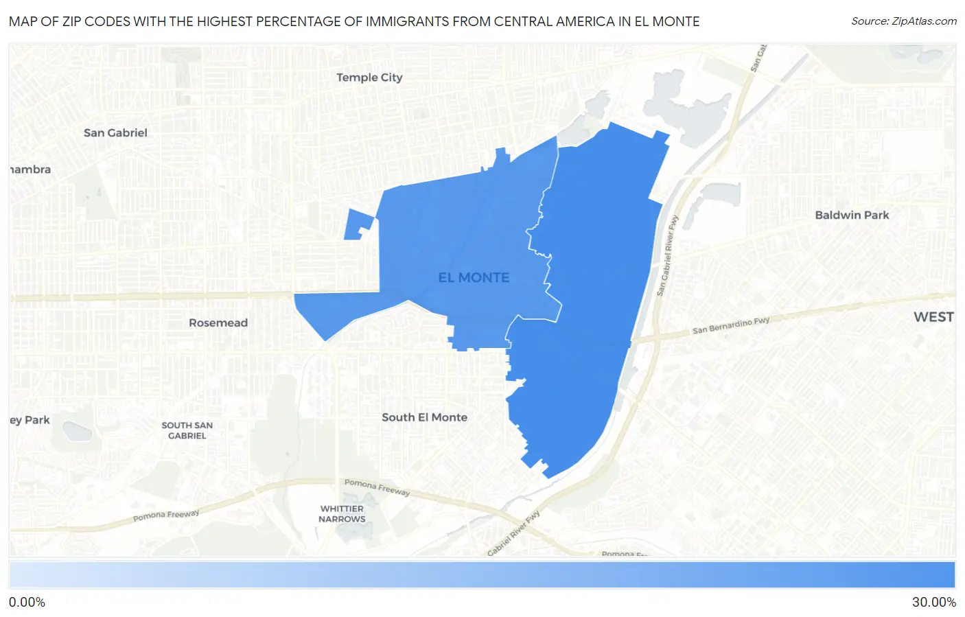 Zip Codes with the Highest Percentage of Immigrants from Central America in El Monte Map