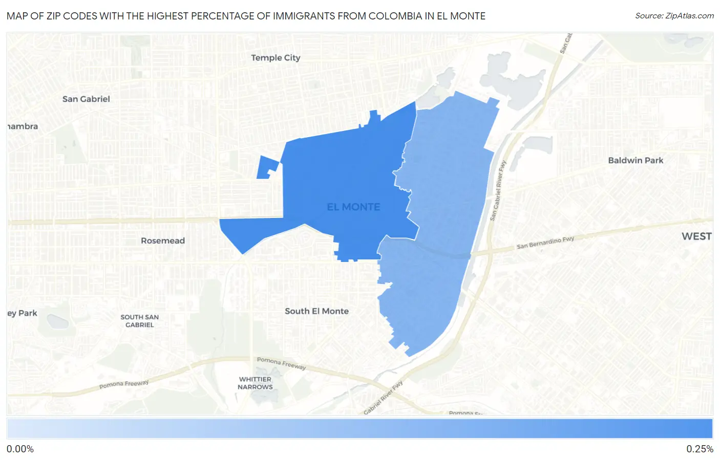 Zip Codes with the Highest Percentage of Immigrants from Colombia in El Monte Map