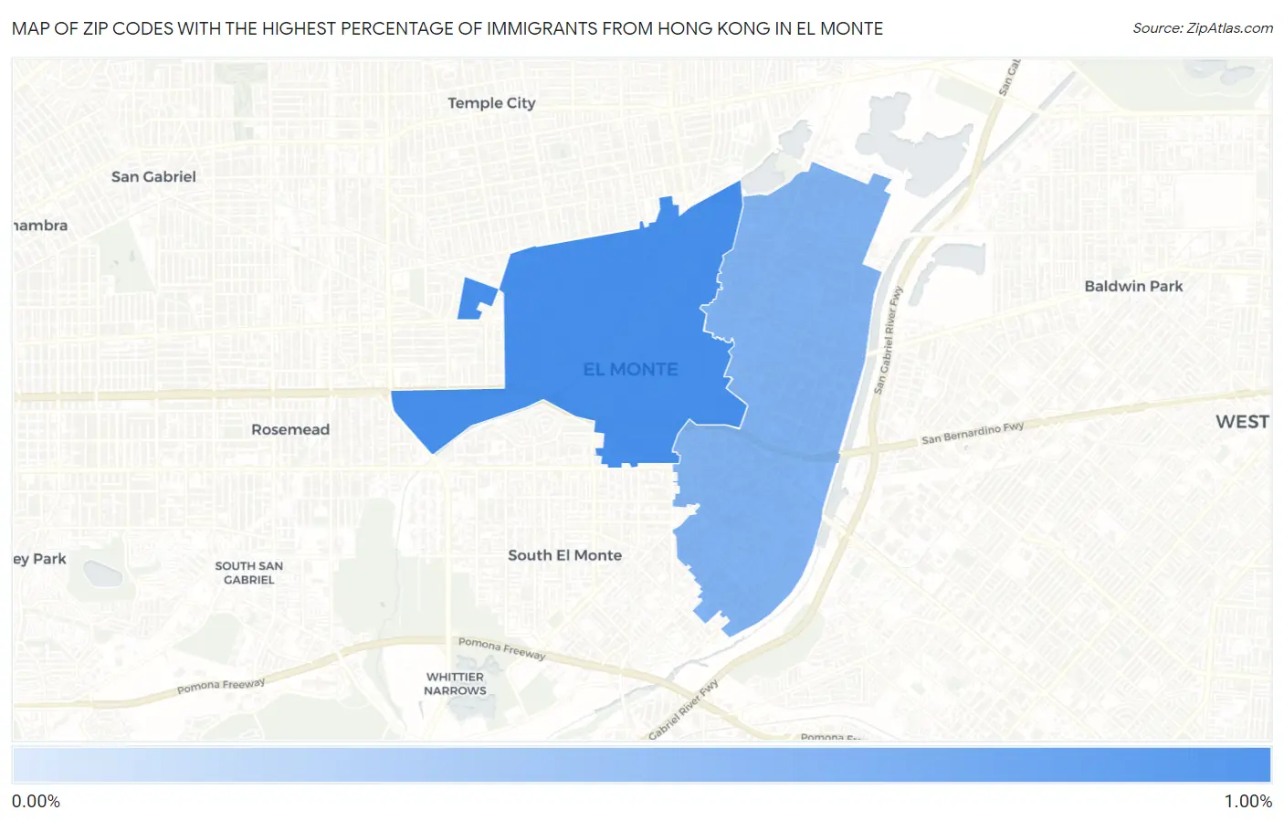 Zip Codes with the Highest Percentage of Immigrants from Hong Kong in El Monte Map