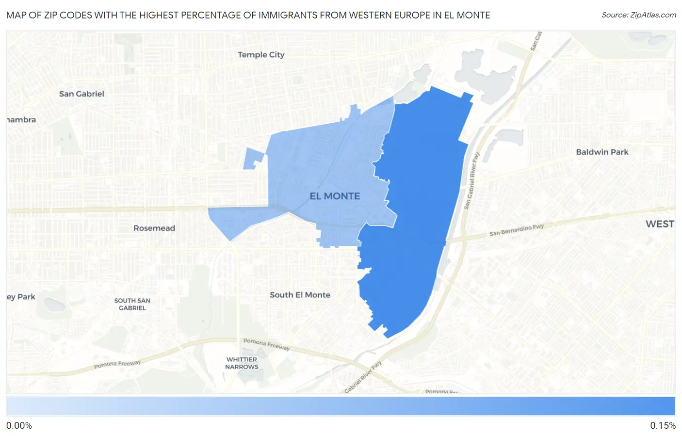 Zip Codes with the Highest Percentage of Immigrants from Western Europe in El Monte Map