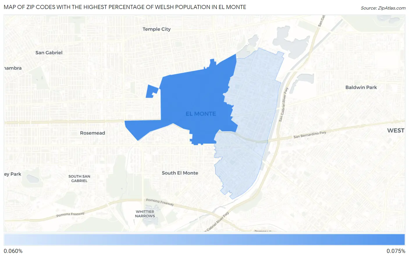 Zip Codes with the Highest Percentage of Welsh Population in El Monte Map